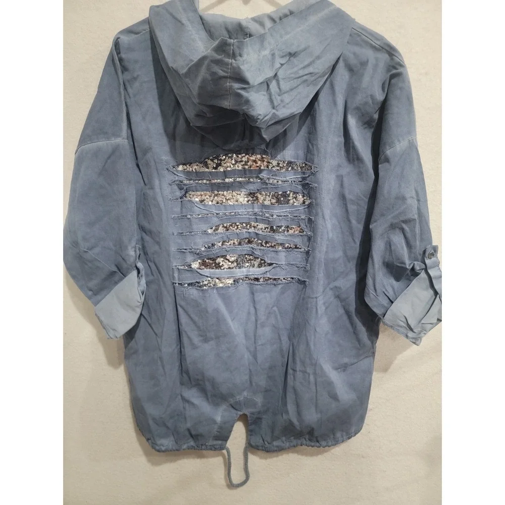 SIRELY'S Couture‎ Italy Blue Shredded Sequin Back Hood Jacket Boho Lagenlook OS